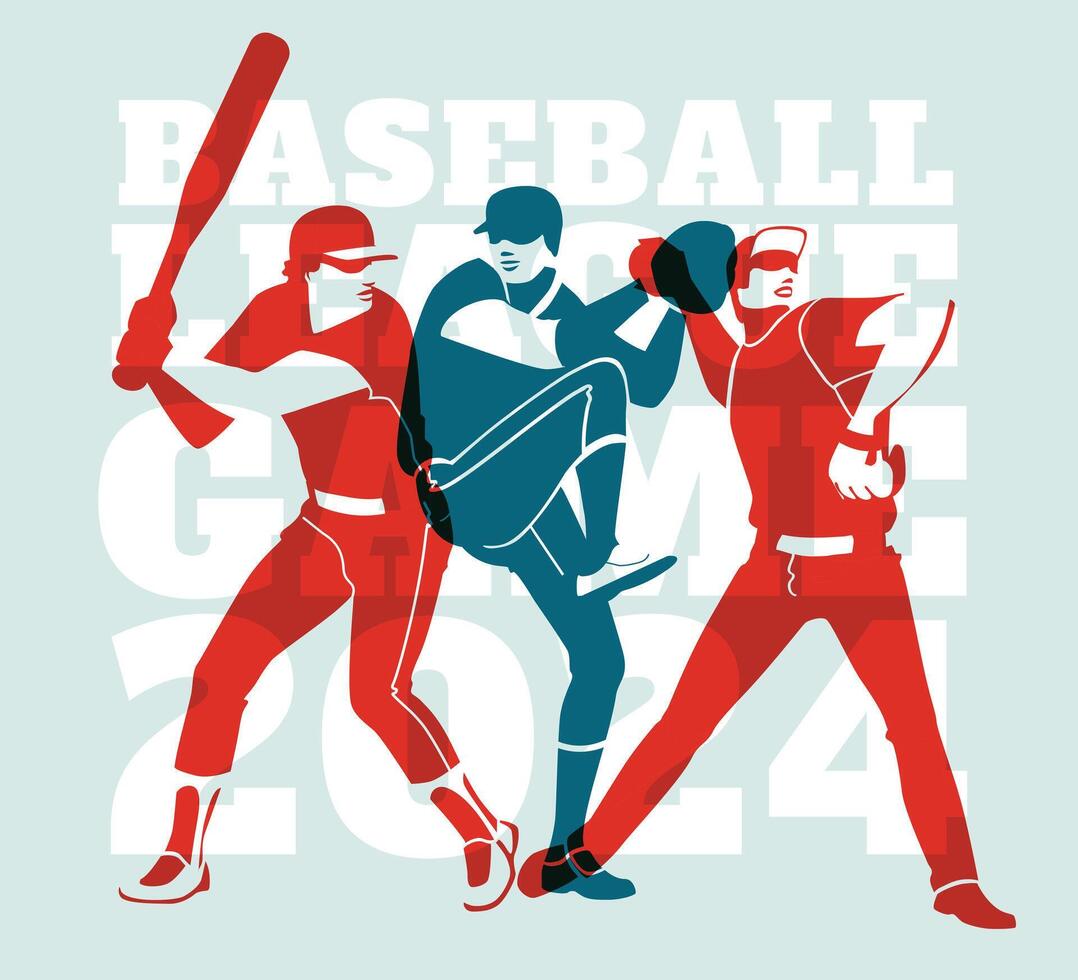 drei Baseball Sportler im Bewegung Posen. bunt Silhouetten. Fachmann Spiel Poster Flyer Design. Vektor eben Illustration