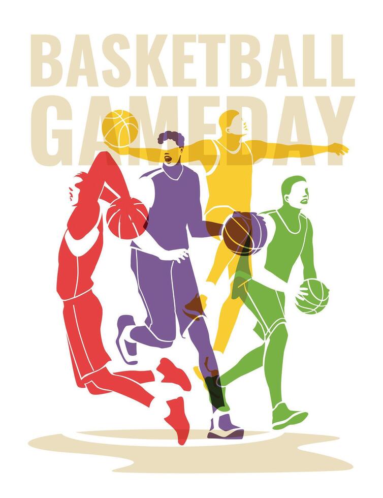 vier Basketball Sportler im Bewegung Posen. bunt Silhouetten. Fachmann Spiel Poster Flyer Design. Vektor eben Illustration