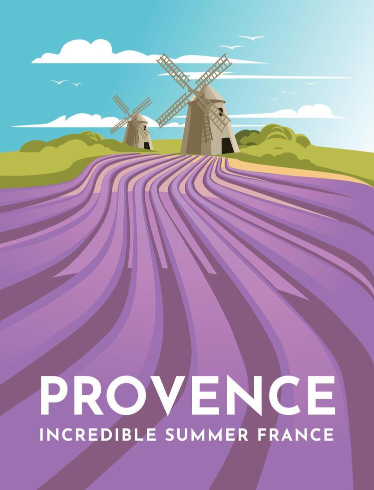 Provence Lavendel Felder und Windmühlen. klassisch Landschaft von Frankreich. Tourismus und Reise. Poster Design. Vektor Illustration.