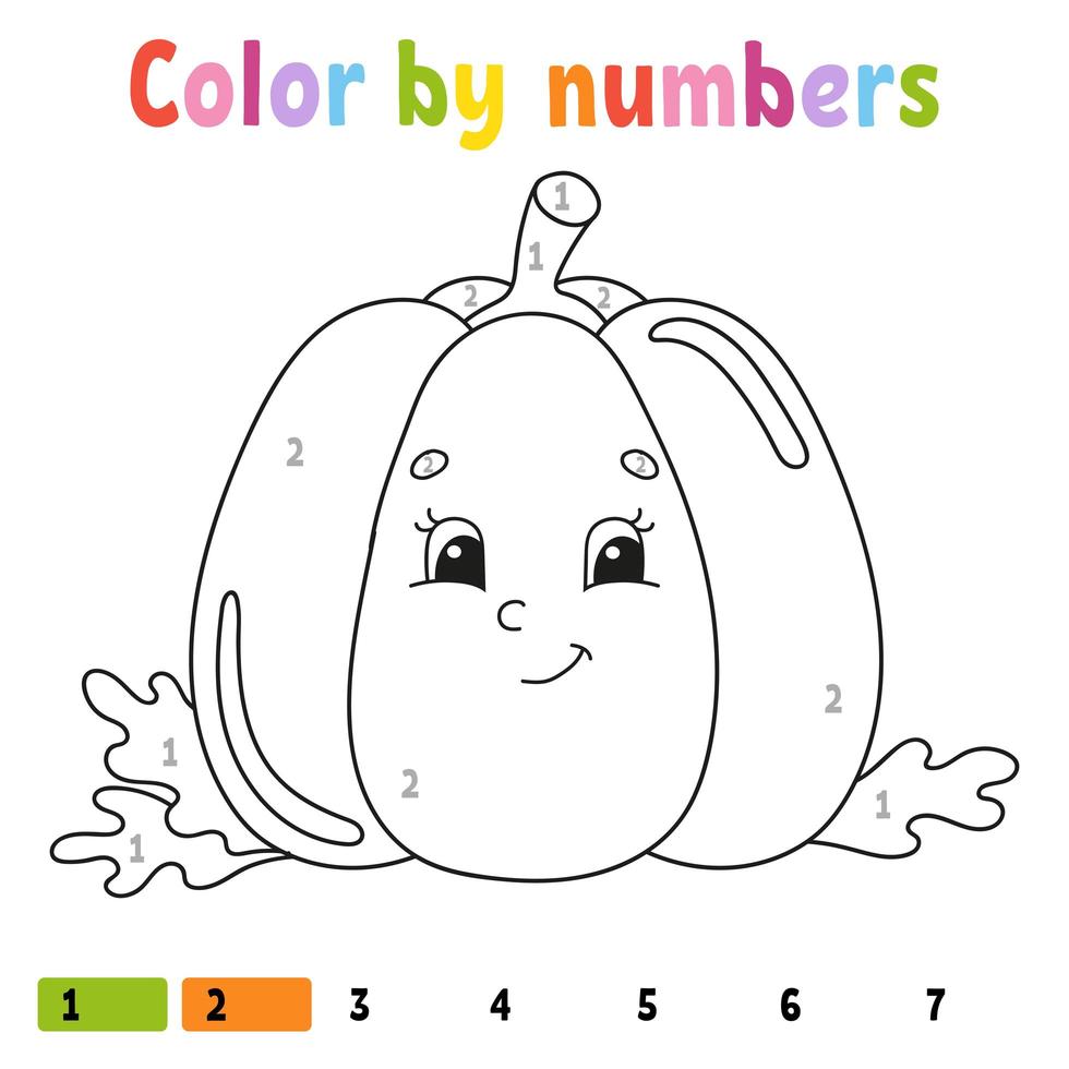 färg efter siffror pumpa. målarbok för barn. grönsakskaraktär. vektor illustration. söt tecknad stil. ritad för hand. kalkylbladssida för barn. isolerad på vit bakgrund.