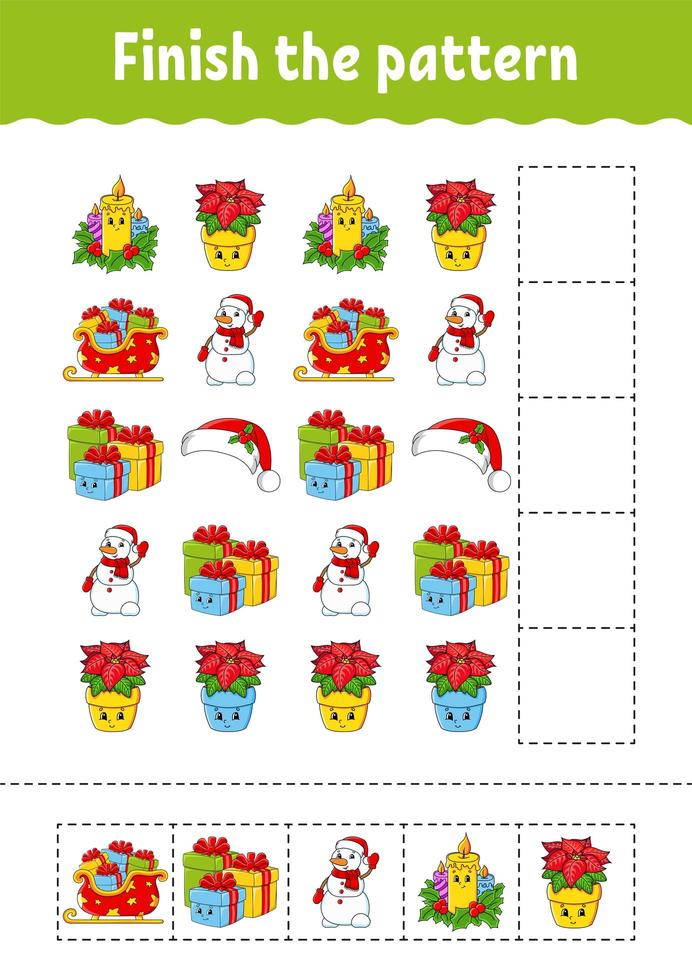 beenden Sie das Muster. schneiden und spielen. Weihnachtsthema. Arbeitsblatt zur Bildungsentwicklung. Aktivitätsseite. Zeichentrickfigur. vektor