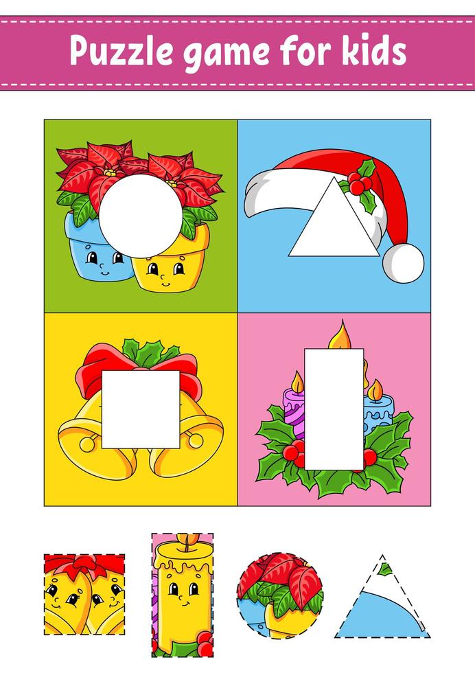 Puzzle-Spiel für Kinder. Ausschneiden und Einfügen. Weihnachtsthema. schneiden praxis. Formen lernen. Arbeitsblatt Bildung. Kreis, Quadrat, Rechteck, Dreieck. Aktivitätsseite. Zeichentrickfigur. vektor