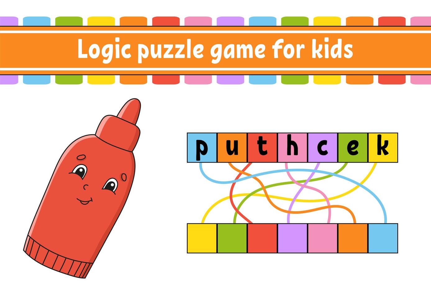 Logik-Puzzle-Spiel. Wörter lernen für Kinder. finde den versteckten Namen. Arbeitsblatt, Aktivitätsseite. englisches Spiel. isolierte Vektor-Illustration. Zeichentrickfigur. vektor