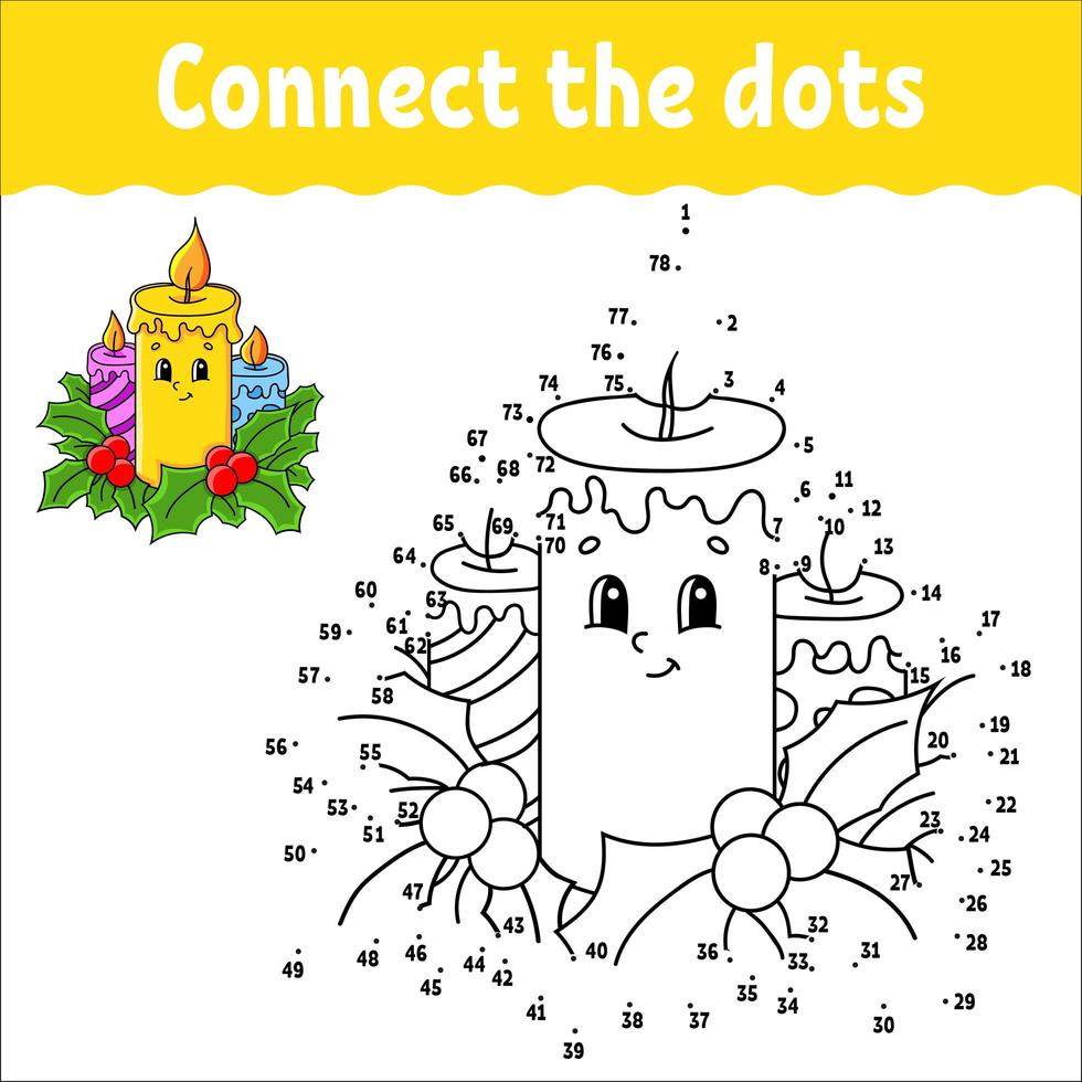 Punkt-zu-Punkt-Spiel. zeichne eine Linie. brennende weihnachtskerzen verziert mit stechpalmenblättern. für Kinder. Aktivität Arbeitsblatt. Malbuch. mit Antwort. Zeichentrickfigur. vektor