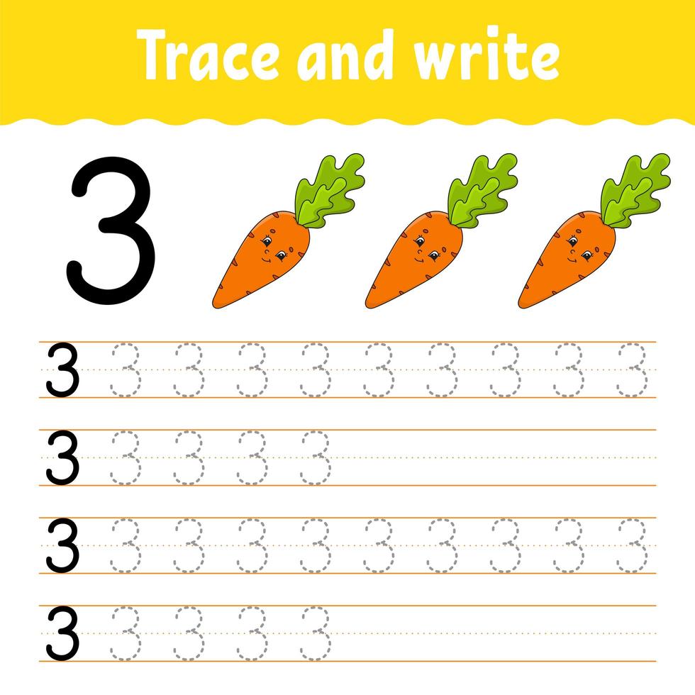 Nummer 3. verfolgen und schreiben. Handschrift üben. Zahlen lernen für Kinder. Arbeitsblatt zur Bildungsentwicklung. Farbaktivitätsseite. isolierte Vektorillustration im niedlichen Cartoon-Stil. vektor
