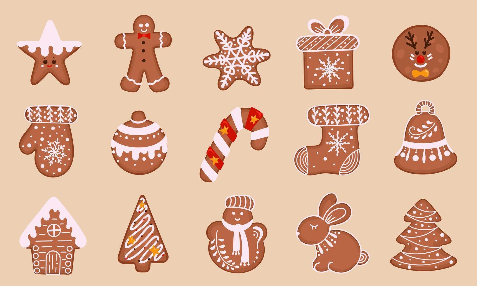 jul pepparkaka kaka. uppsättning av vinter- hemlagad kex i de form av annorlunda tecken och Semester föremål. illustration för bakgrunder och förpackning. isolerat på vit bakgrund. vektor