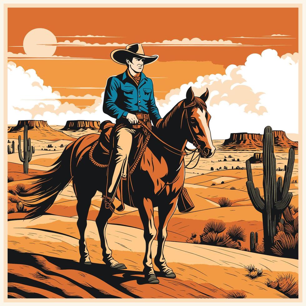 Hand gezeichnet Western Cowboy Wüste Jahrgang Stil vektor