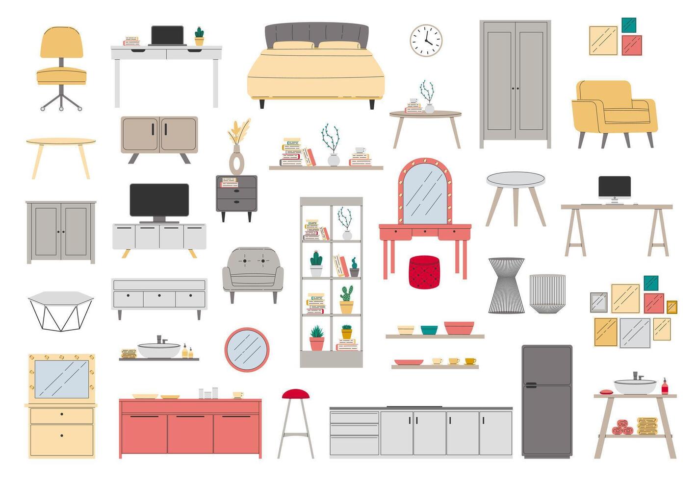 uppsättning av möbel för modern Hem interiör design. samling trendig hus dekor, stol, fåtölj, säng, bedside tabell, tabell i platt stil. lägenhet rum föremål. vektor illustration