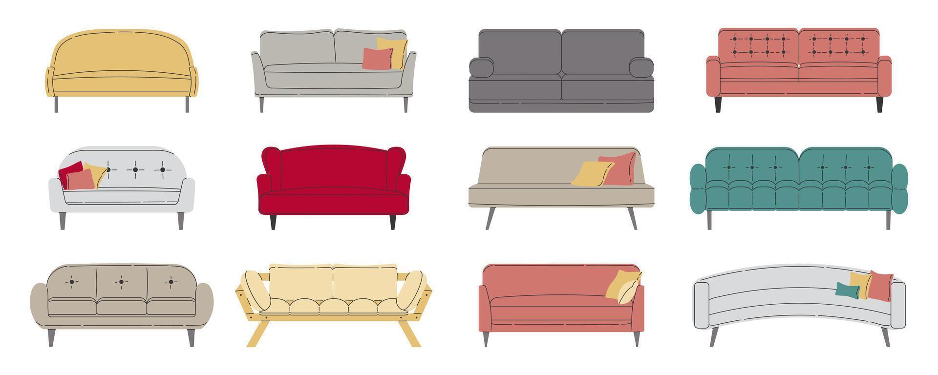 einstellen von Sofa. Sammlung modisch Sofas im eben Stil. Vektor Illustration auf Weiß Hintergrund