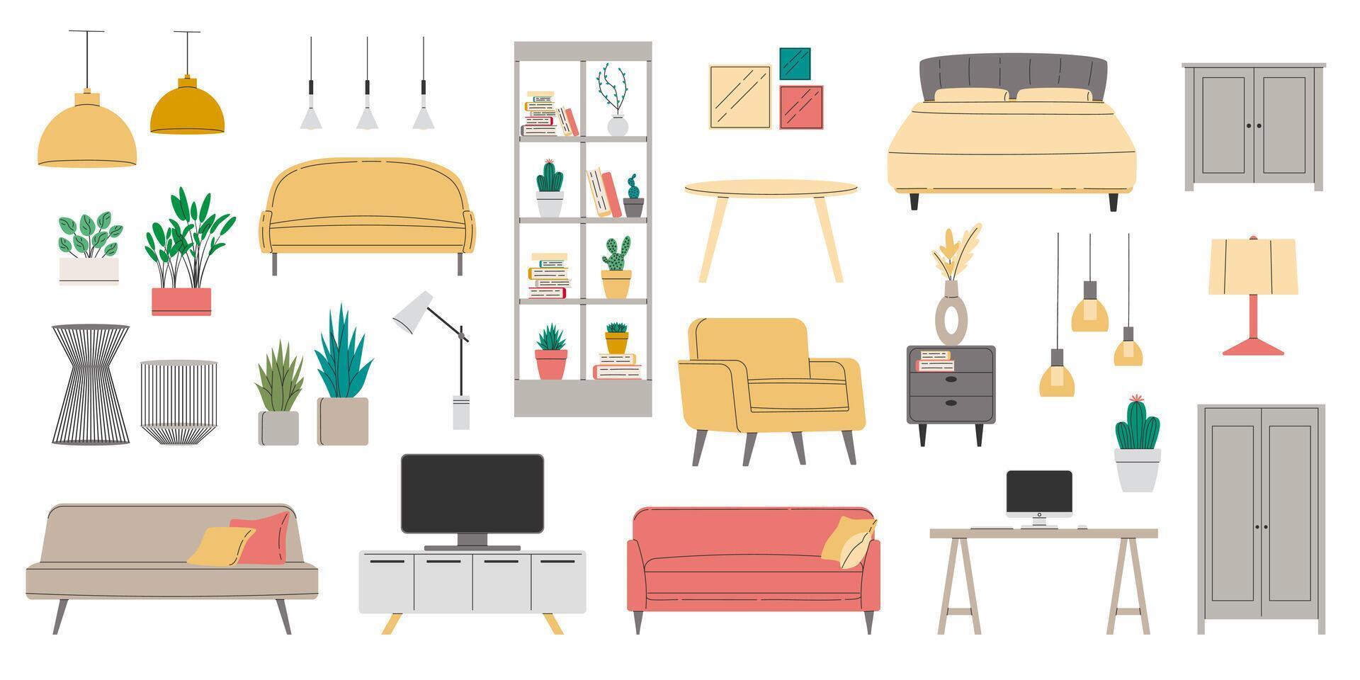 uppsättning av möbel för modern Hem interiör design. samling trendig hus dekor, soffa, stol, fåtölj, säng, bedside tabell, tabell i platt stil. lägenhet rum föremål. vektor illustration
