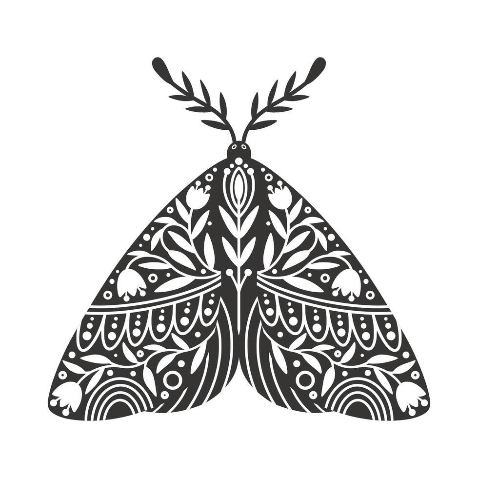 fjäril ikon med prydnad av blommor och löv. årgång silhuett av svart och vit mystisk fjäril eller fjäril. flygande himmelsk insekt, vektor illustration
