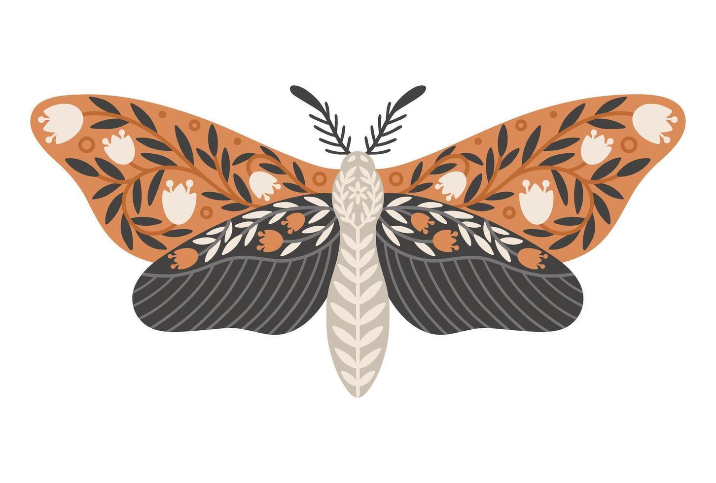 fjäril ikon med prydnad av blommor och löv. årgång mystisk fjäril eller fjäril. flygande himmelsk insekt, vektor illustration