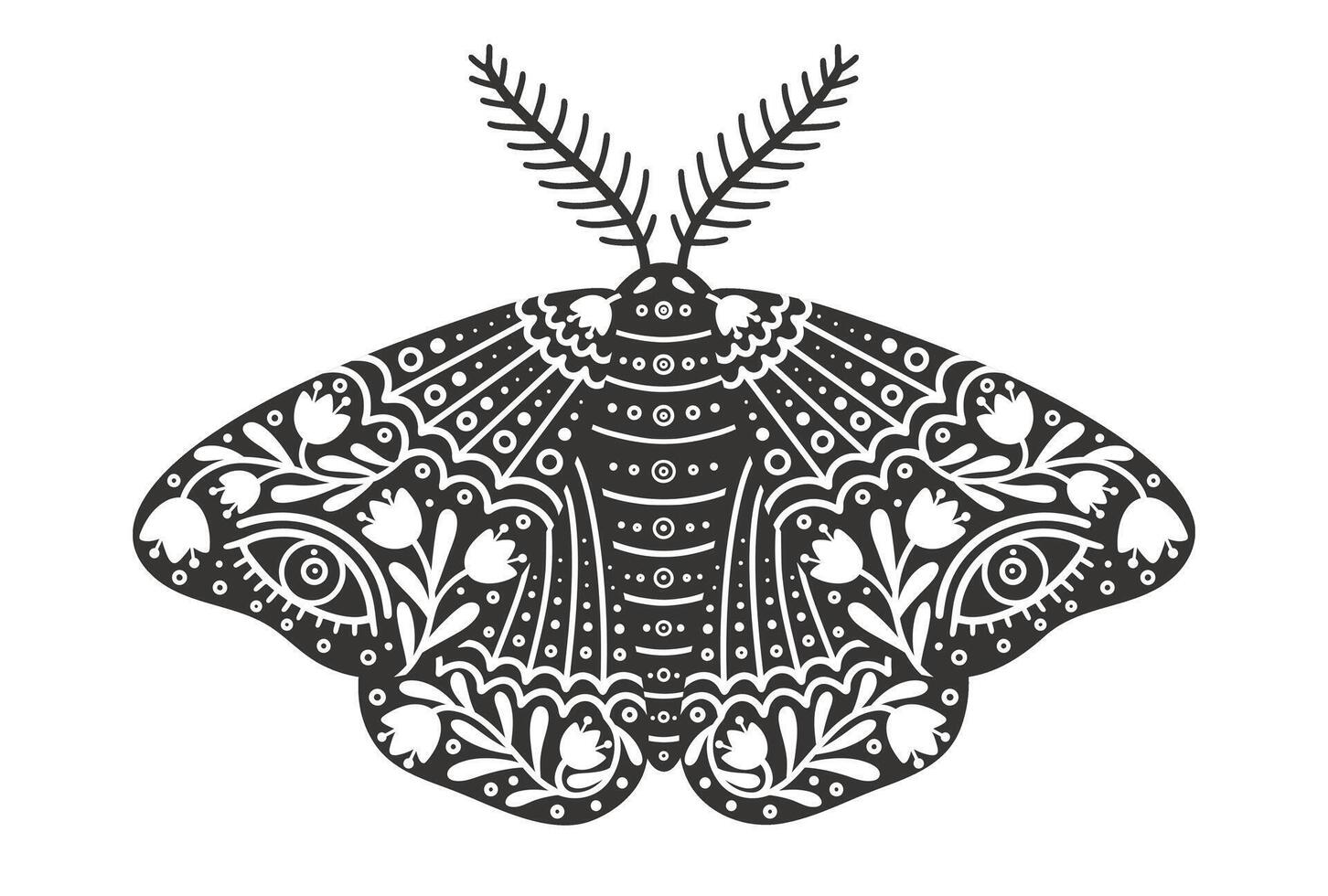 Schmetterling Symbol mit Blumen- Ornament. Jahrgang Silhouette von schwarz und Weiß mystisch Schmetterling oder Motte. fliegend himmlisch Insekt, Vektor Illustration