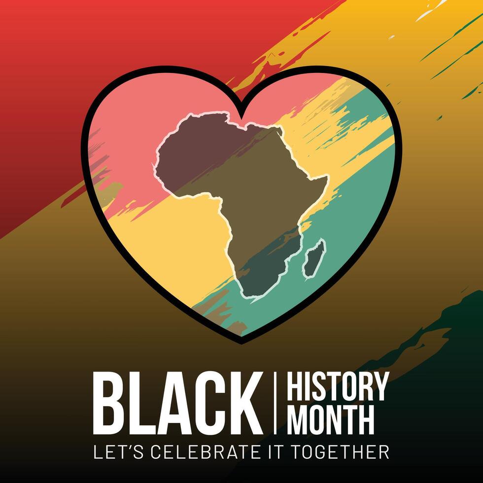 Sozial Medien Post Design von schwarz Geschichte Monat ebenfalls bekannt wie afrikanisch amerikanisch Geschichte Monat. Design enthält Rot, Gelb, Grün Farbe Bürste Hintergrund und Liebe Herz gestalten mit afrikanisch Kontinent. vektor