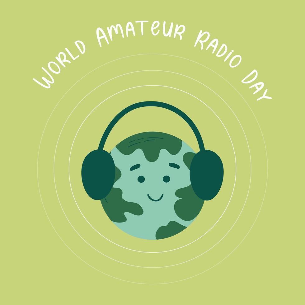 värld amatör radio dag. söt klot med hörlurar och radio vågor. radio sändning. platt stil vektor illustration för webb, baner, kampanj, social media posta.
