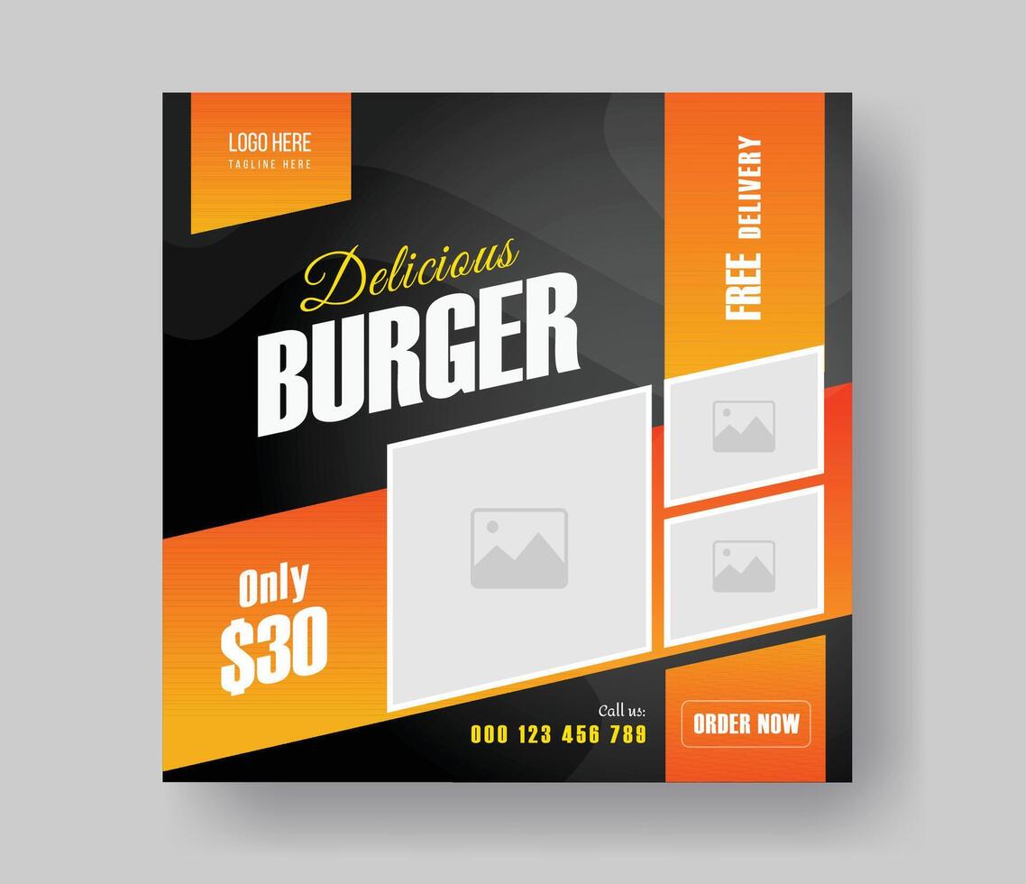 burger social media fyrkant storlek baner design för din snabb mat restaurang meny företag befordran, utsökt burger mat meny posta layout design med lutning former. vektor