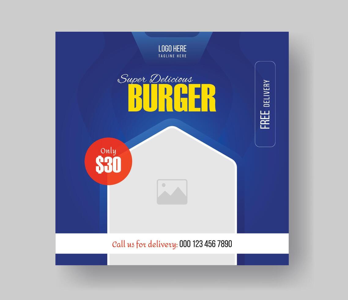 burger social media fyrkant storlek baner design för din snabb mat restaurang meny företag befordran, utsökt burger mat meny posta layout design med lutning former. vektor