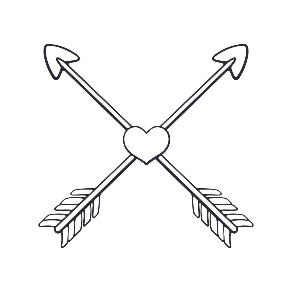 översikt av två korsade cupid pilar med hjärta i de mitten. valentines dag symbol. vektor illustration. hand dragen klotter klämma konst. design element isolerat på vit bakgrund