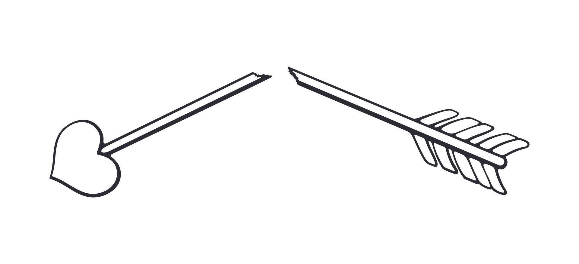 översikt av bruten cupid pil med en hjärta formad dricks. valentines dag symbol. vektor illustration. hand dragen klotter klämma konst. design element isolerat på vit bakgrund