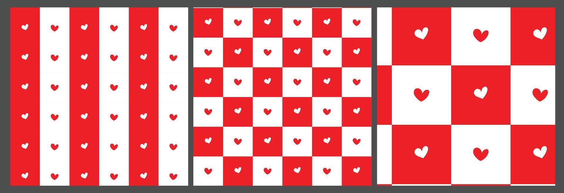 checkerboard med hand dragen söt liten hjärta röd och vit mönster sömlös uppsättning. vektor illustration elegant bakgrund för bröllop och valentines dag.