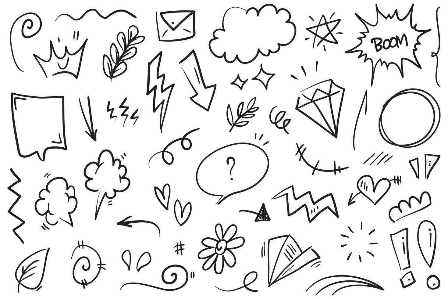 Vektorset von handgezeichneten Cartoony-Ausdruckszeichen-Doodle, Kurvenrichtungspfeilen, Emoticon-Effekt-Designelementen, Cartoon-Charakter-Emotionssymbolen, niedlichen dekorativen Pinselstrichlinien. vektor