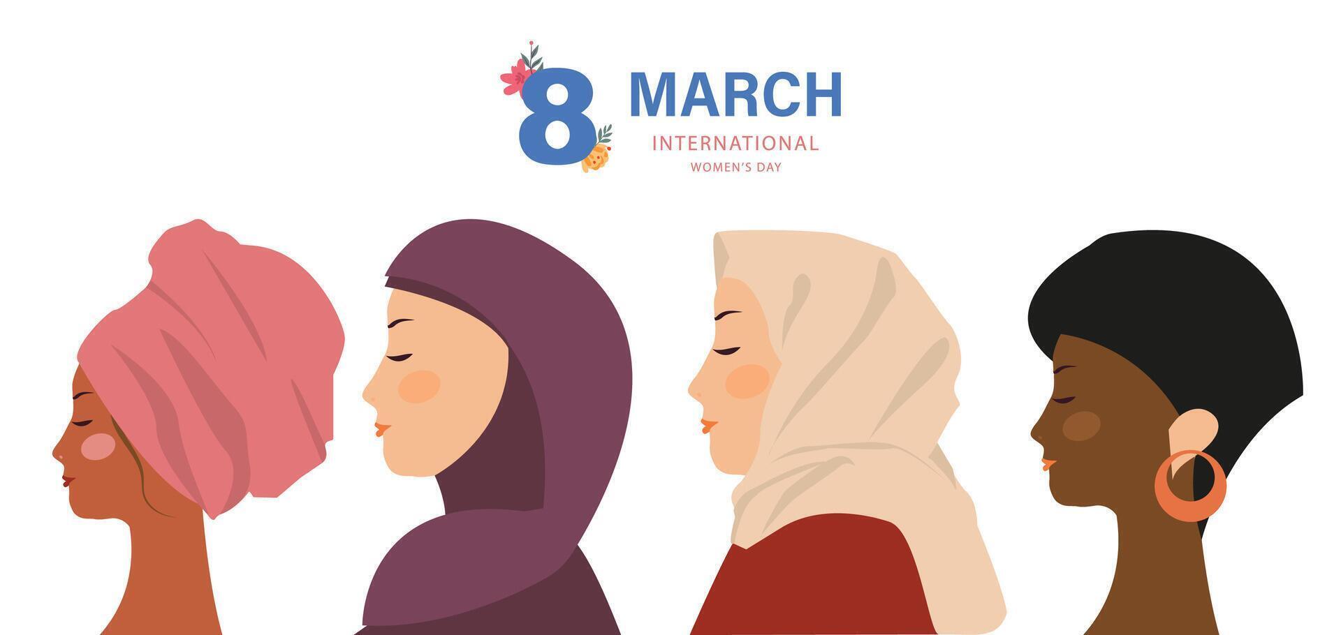 International Frauen Tag mit Gesicht und Haar verwenden zum horizontal Banner Design vektor