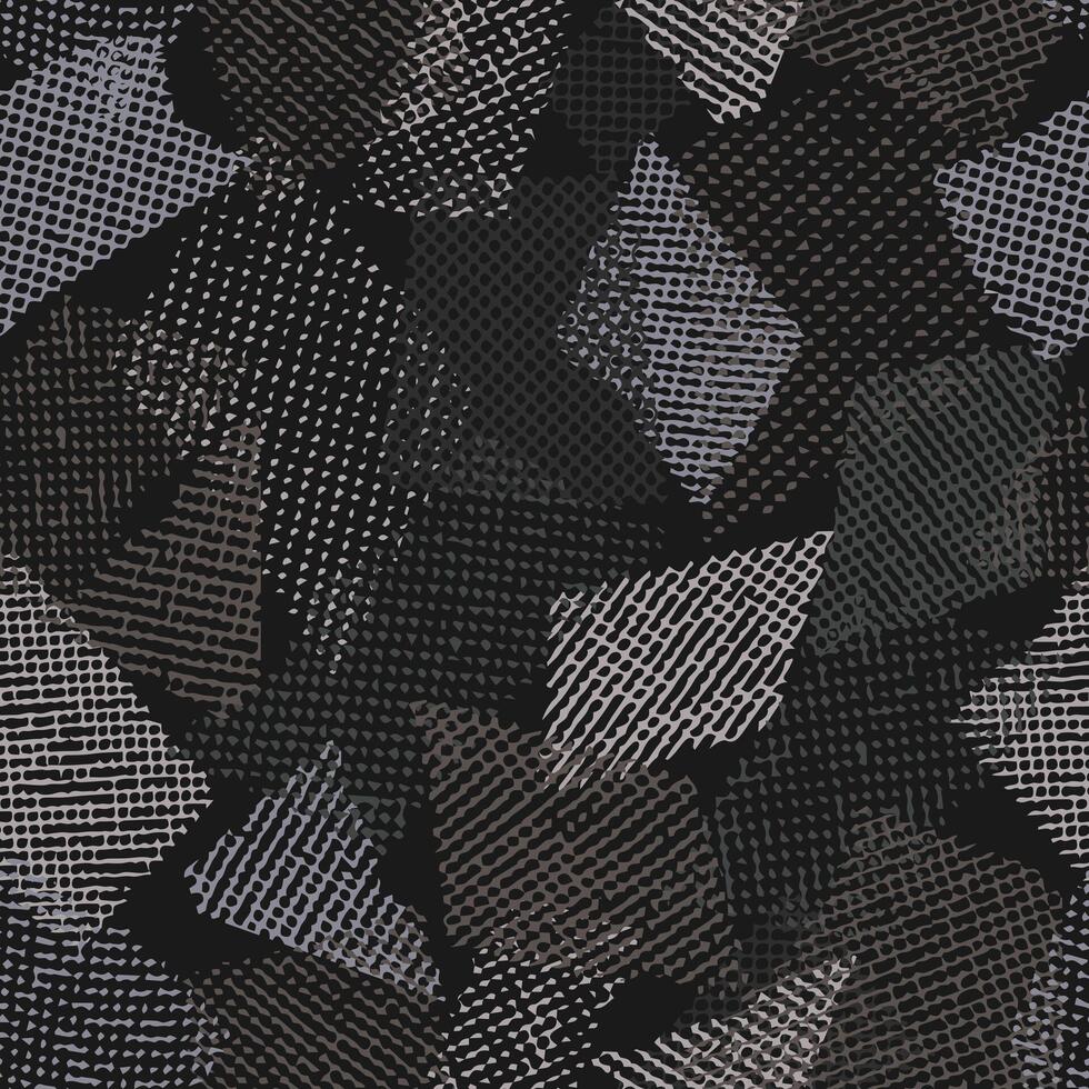 nahtlos grau tarnen Muster mit zufällig verstreut überlappend Tüll Stücke, Flecken. Gittergewebe Struktur. zufällig Komposition. zum Kleidung, Stoff, Textil, Sport Waren Grunge Textur vektor