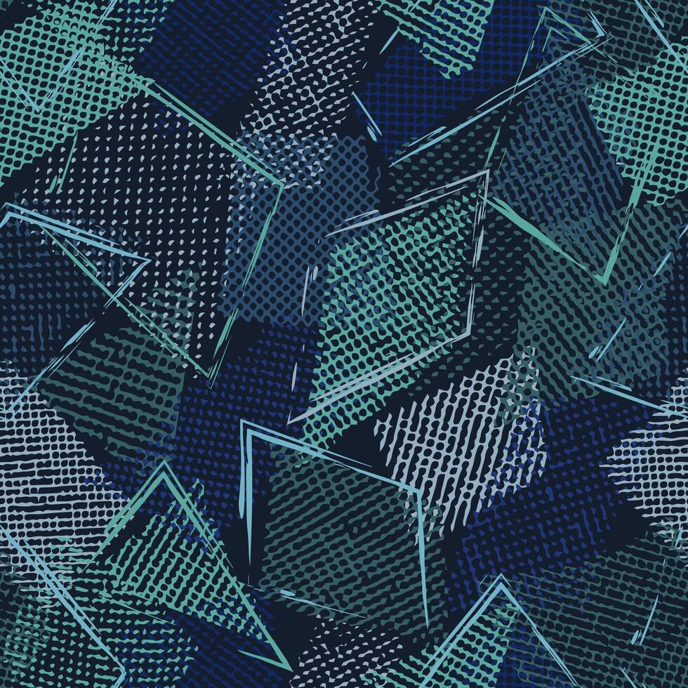 sömlös blå kamouflage mönster med slumpmässig spridd överlappande tyll bitar, plåster, översikt geometrisk former. slumpmässig sammansättning. för kläder, tyg, textil, sport varor grunge textur vektor