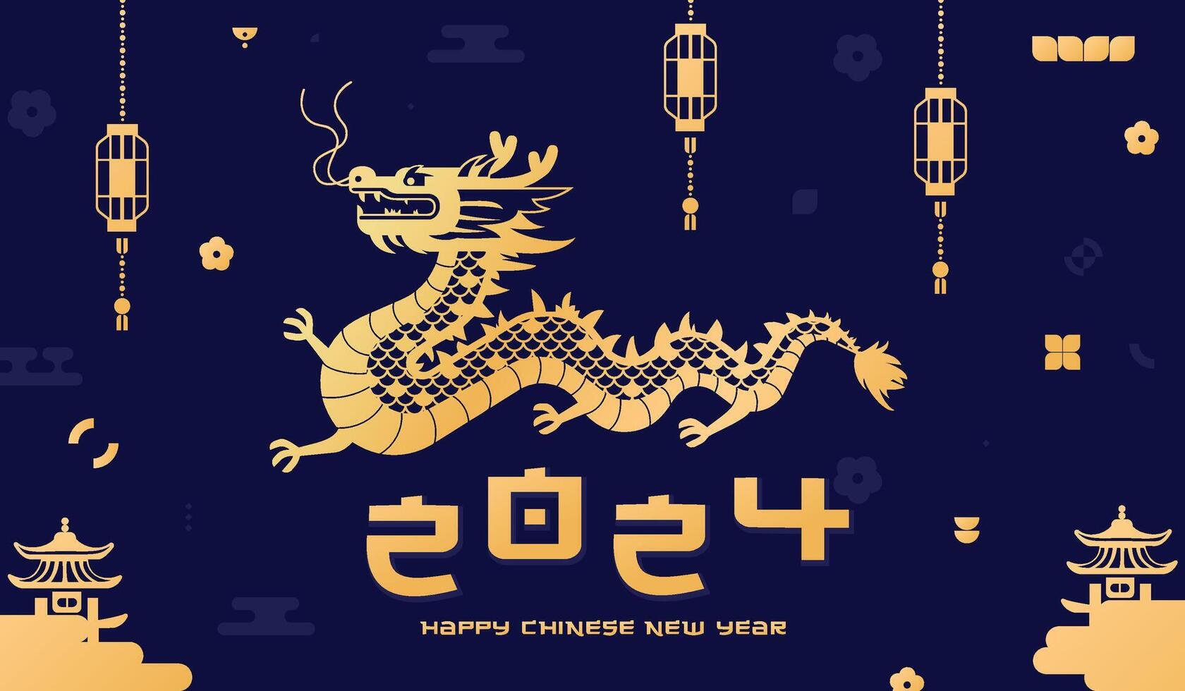 illustration av 2024 kinesisk ny år av de drake i geometrisk stil. gyllene symbol av de lunar ny år 2024 på en blå bakgrund. vektor design för bakgrund, banderoller och posters