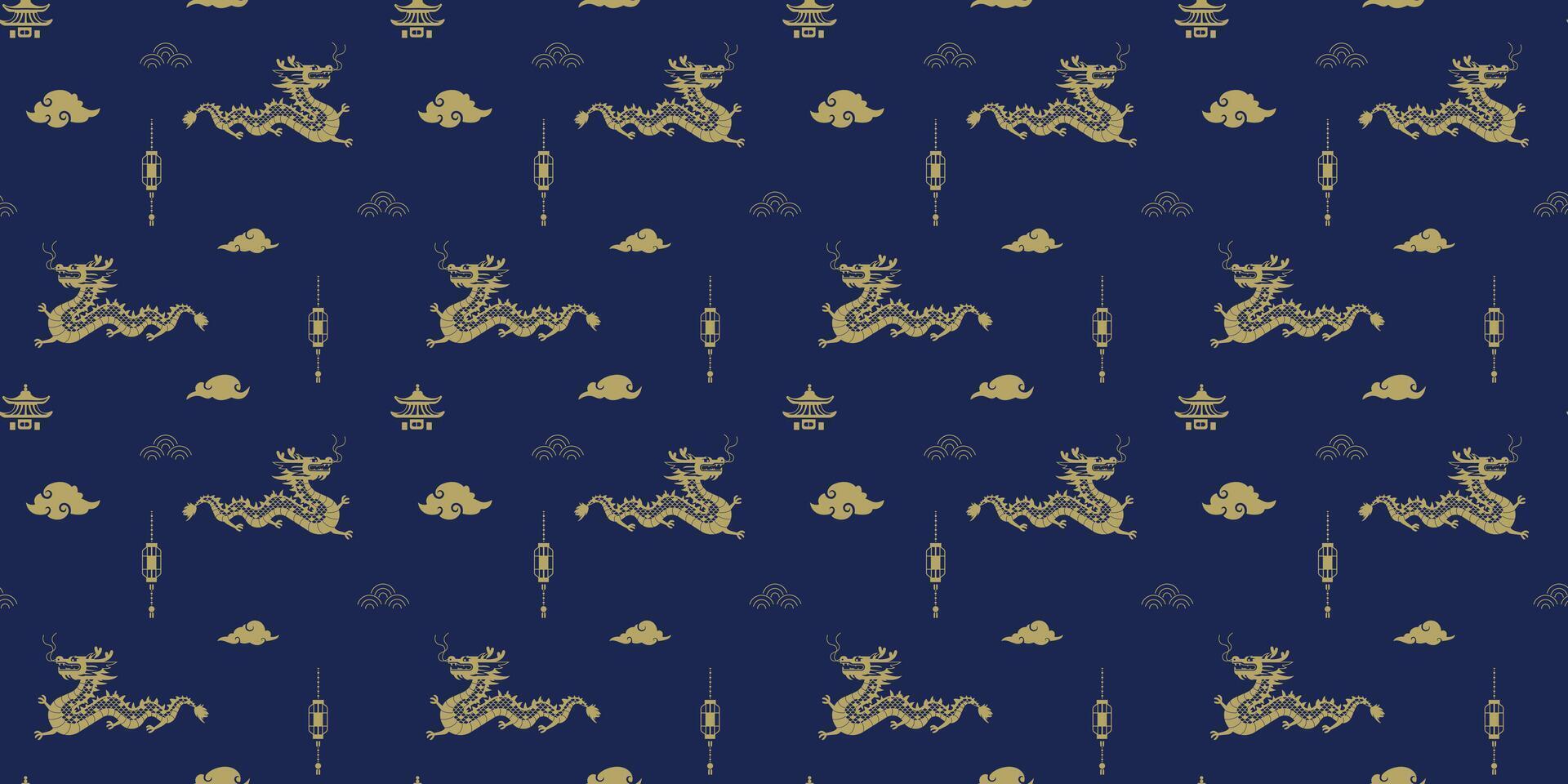 sömlös mönster med symbol av de lunar ny år 2024 i geometrisk stil på en mörk blå bakgrund. design för bakgrund, banderoller och affischer. vektor illustration