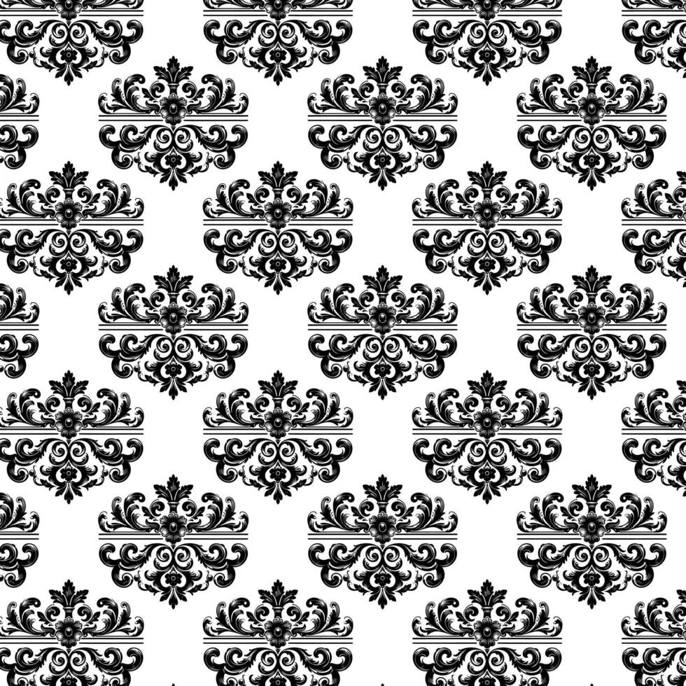 Damast Stoff Textil- nahtlos Muster Luxus dekorativ Zier Blumen- Teiler schwarz Linie Jahrgang Dekoration Element Weiß Hintergrund. Vorhang, Teppich, Hintergrund, Kleidung, Verpackung, Textil- vektor