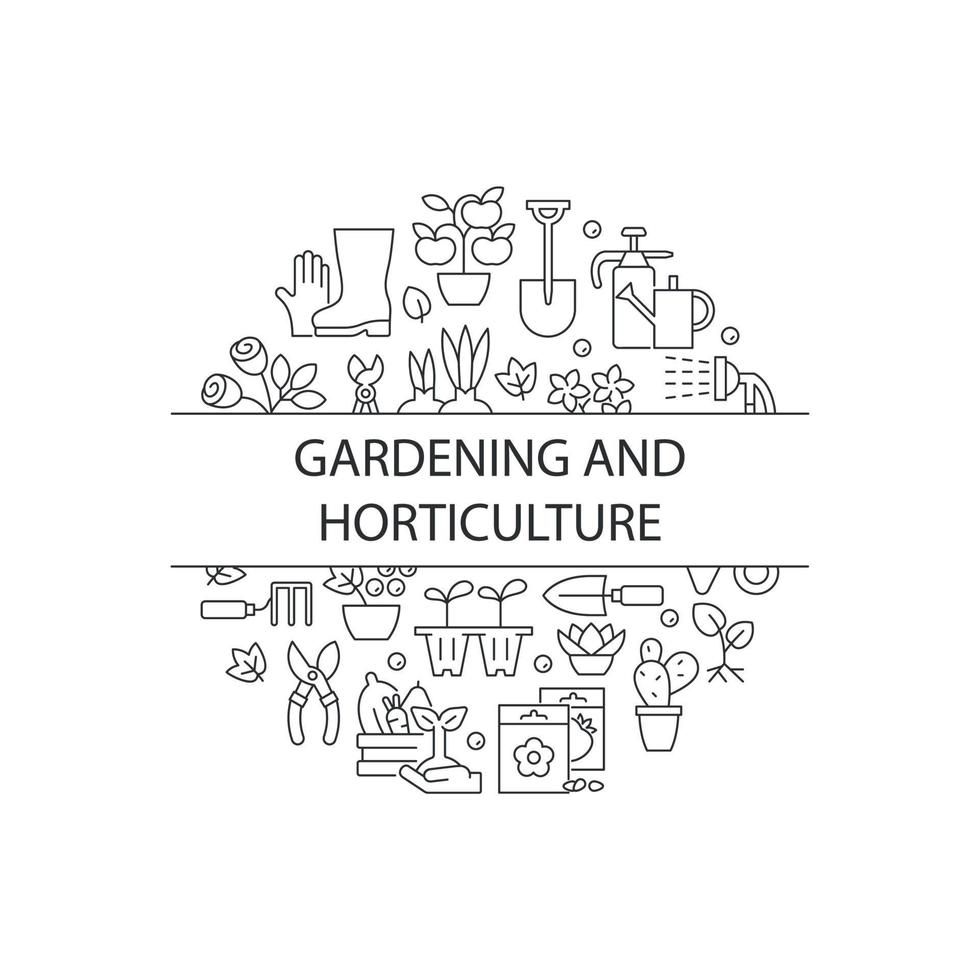 trädgårdsarbete abstrakt linjär koncept layout med rubrik. växtvård i hemgården. trädgårdsbruk minimalistisk idé. hortikultur. tunna linjer grafiska ritningar. isolerade vektor kontur ikoner för bakgrund
