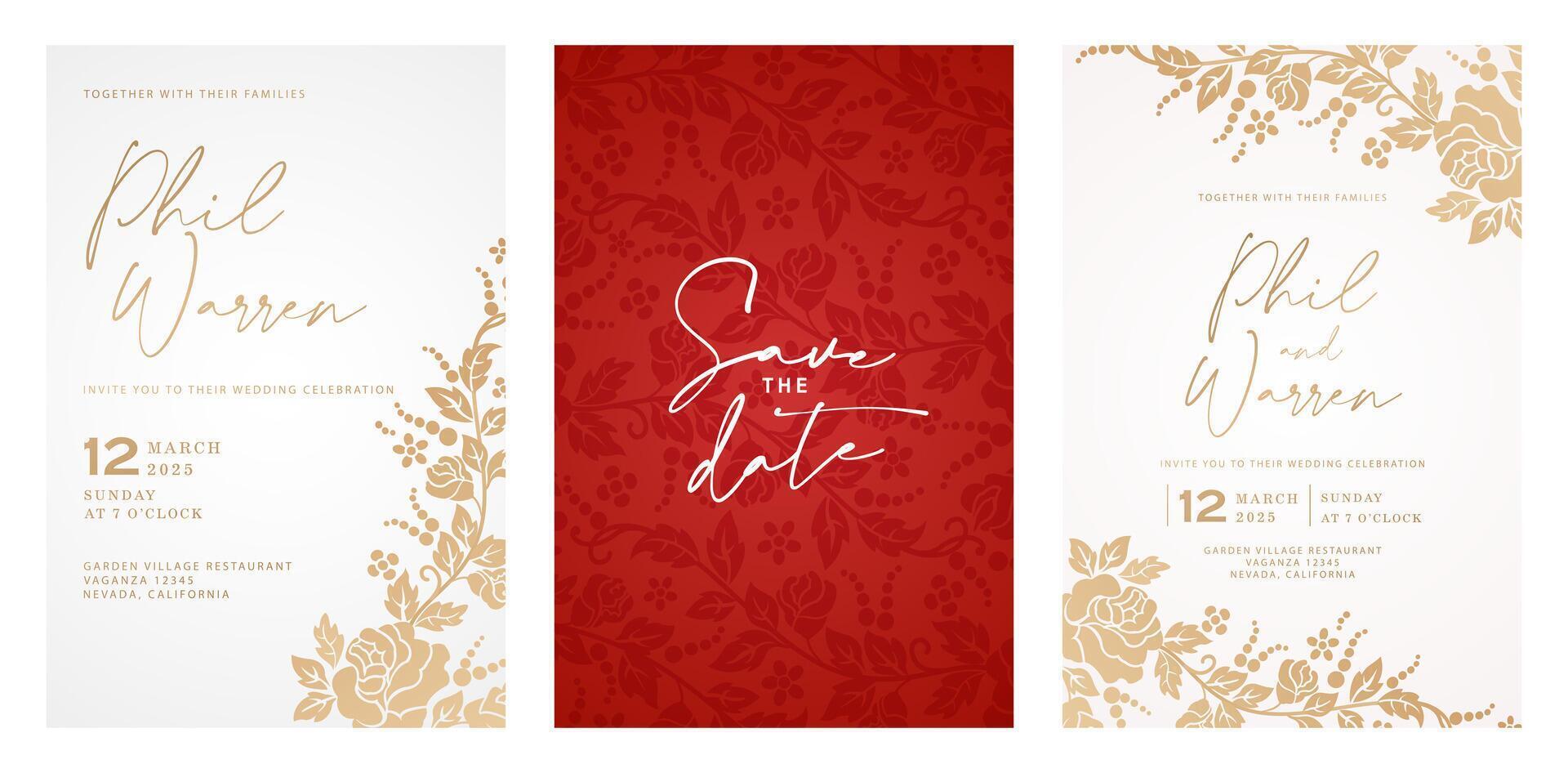 Hochzeit Einladung Karte mit süß Rose Blume Vorlagen rot Hintergrund und Gold Blumen- Design zum Schreibwaren, Grundrisse, Collagen, Szene Entwürfe, Veranstaltung Flyer, Ferien Feierlichkeiten Karten Papier Drucken vektor