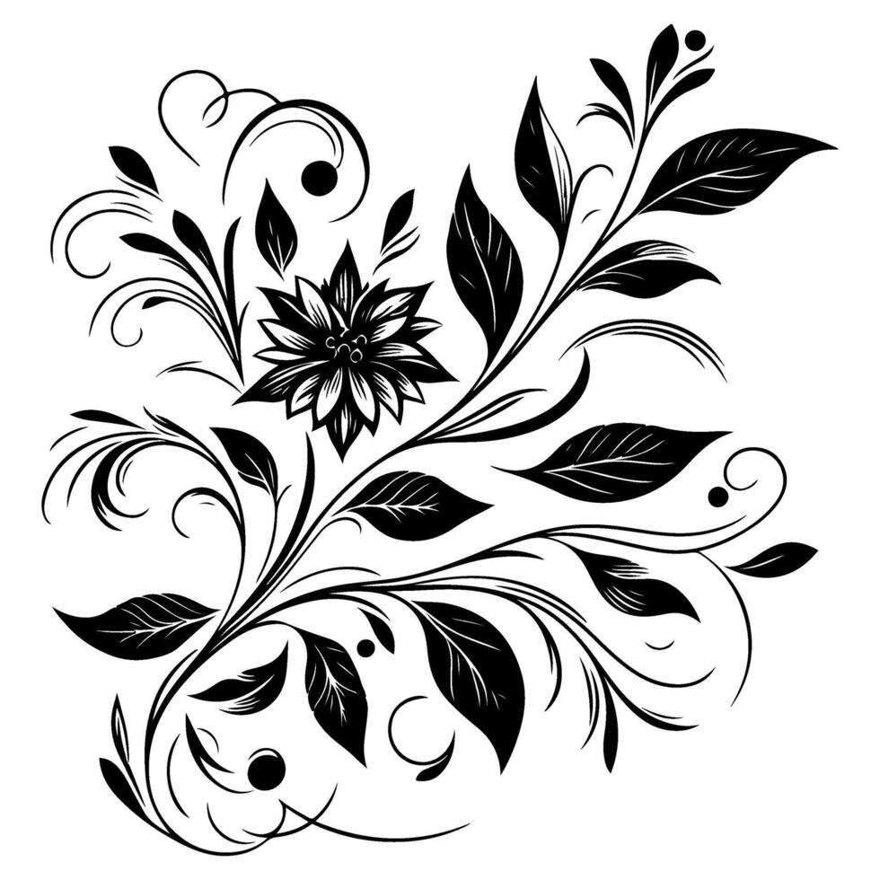 ai genererad hand dra av skön blommig prydnad med löv och abstrakt svart rader svartvit kontur blomma. blommig design element vektor
