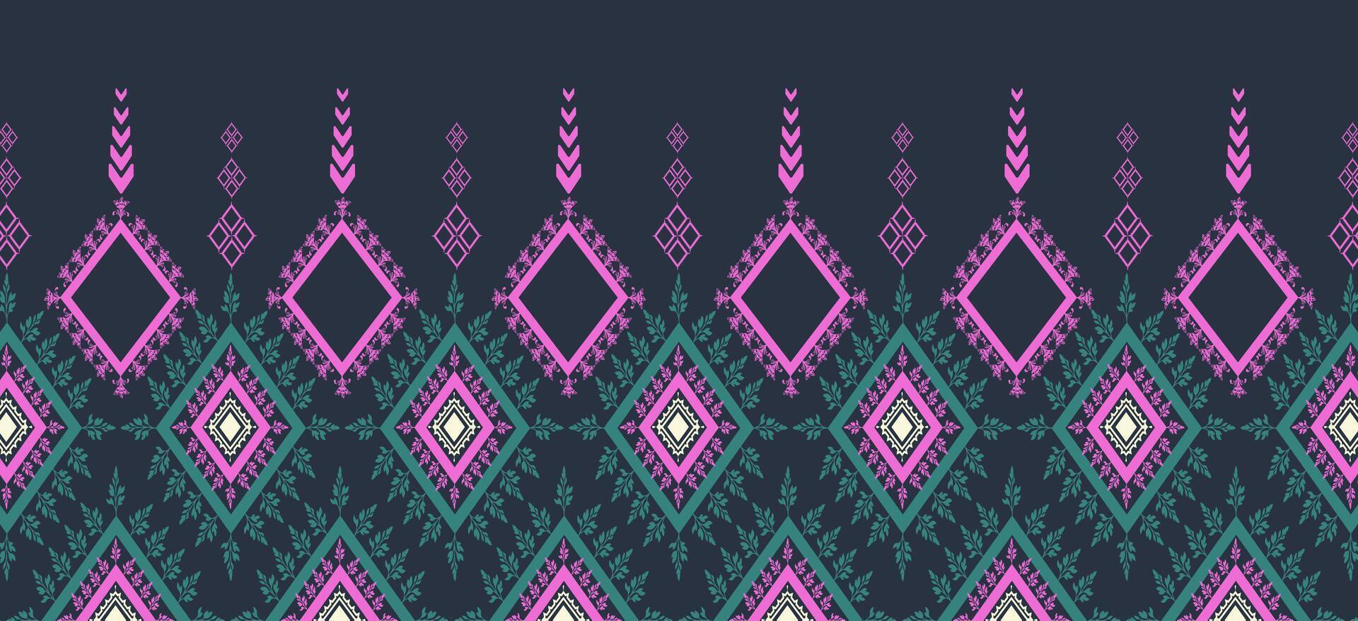 Stammes- traditionell Stoff Batik ethnisch. Ikat Blumen- nahtlos Muster Blätter geometrisch wiederholen Vektor Design zum Hintergrund, Verpackung, Mode, Teppich, Kleidung, Zuhause Dekoration. Vektor Illustration