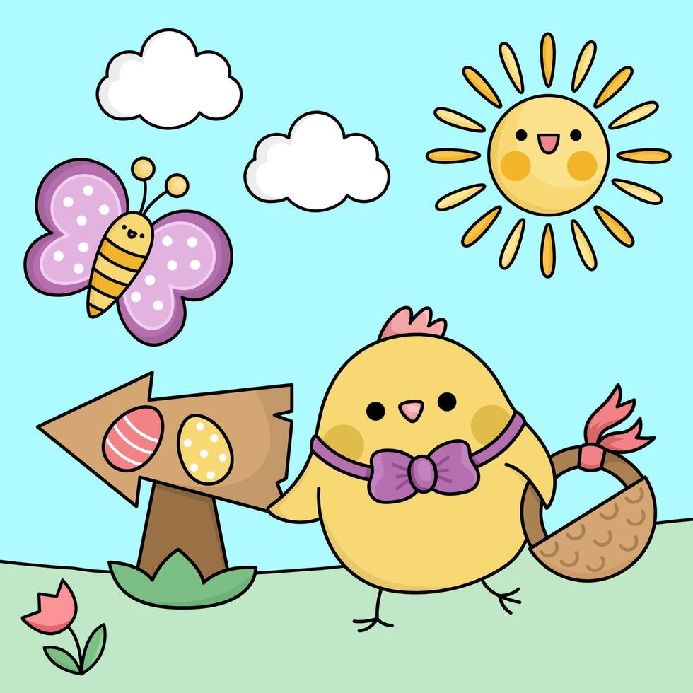 Vektor kawaii Ostern Szene mit Küken und Korb. Frühling Karikatur Illustration. süß Urlaub Ei jagen Landschaft zum Kinder mit Pfeil, Schmetterling, Blumen. sonnig Tag Bild