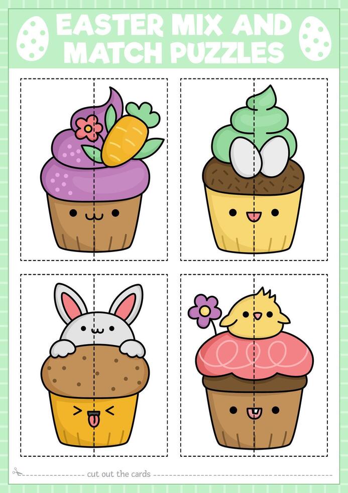 Vektor Ostern mischen und Spiel Puzzle mit süß kawaii Cupcakes. passend Frühling Urlaub Aktivität zum Vorschule Kinder. lehrreich Garten Spiel mit Tasse Kuchen dekoriert mit Hase, Ei, Küken