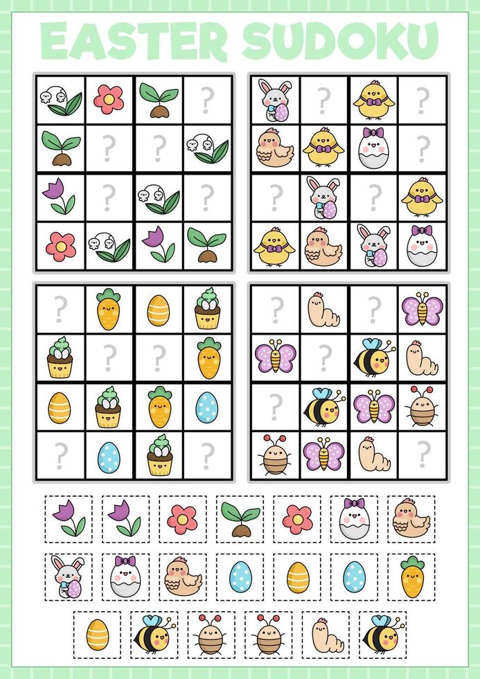 Vektor kawaii Ostern Sudoku Puzzle zum Kinder mit Bilder. einfach Frühling Urlaub Quiz mit Schnitt und kleben Elemente. Garten Bildung Aktivität mit Hase, Küken, Blume, Insekt, Ei. finden fehlt Objekte