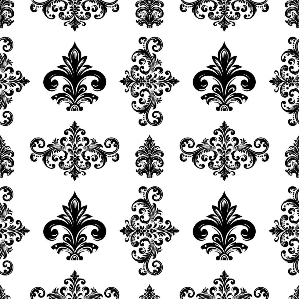 ai generiert Damast Stoff Textil- nahtlos Muster Luxus dekorativ Zier Blumen- Teiler schwarz Linie Jahrgang Dekoration Element Weiß Hintergrund vektor