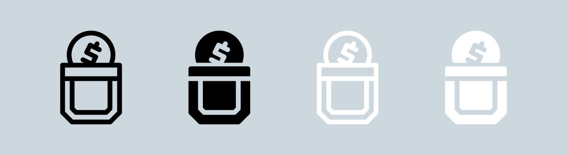 Tasche Symbol einstellen im schwarz und Weiß. Ersparnisse Reichtum Zeichen Vektor Illustration.
