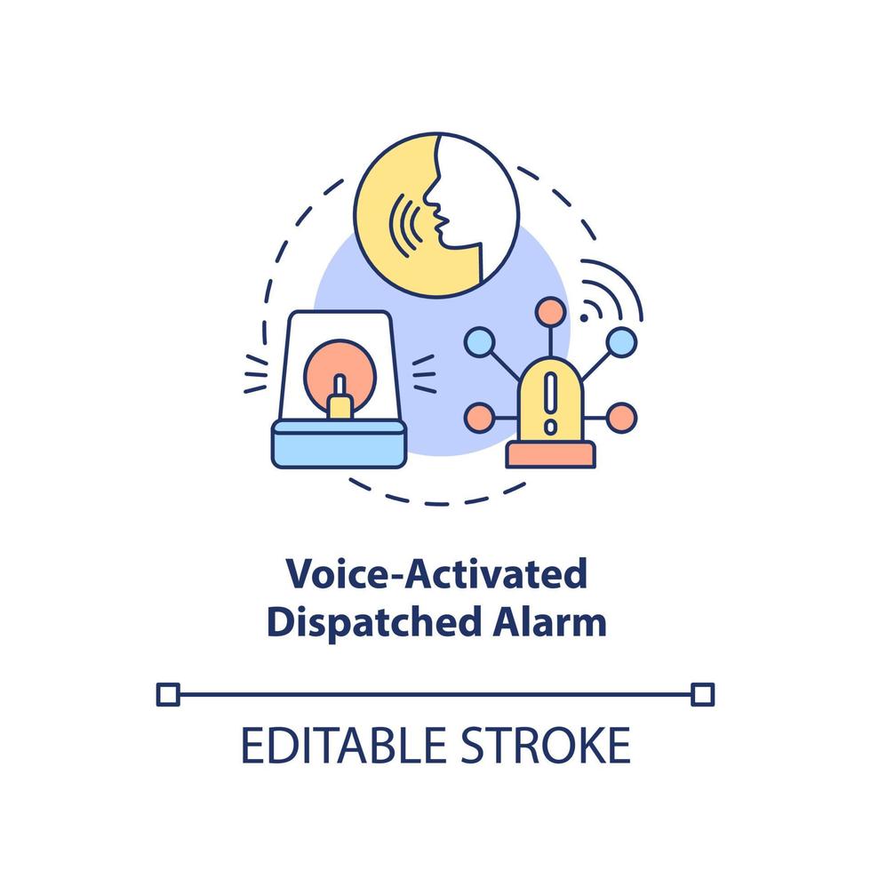 röstaktiverad ikon för utsänd larmkoncept. larmsystem abstrakt idé tunn linje illustration. rånskyddsteknik. vektor isolerade kontur färgritning. redigerbar stroke