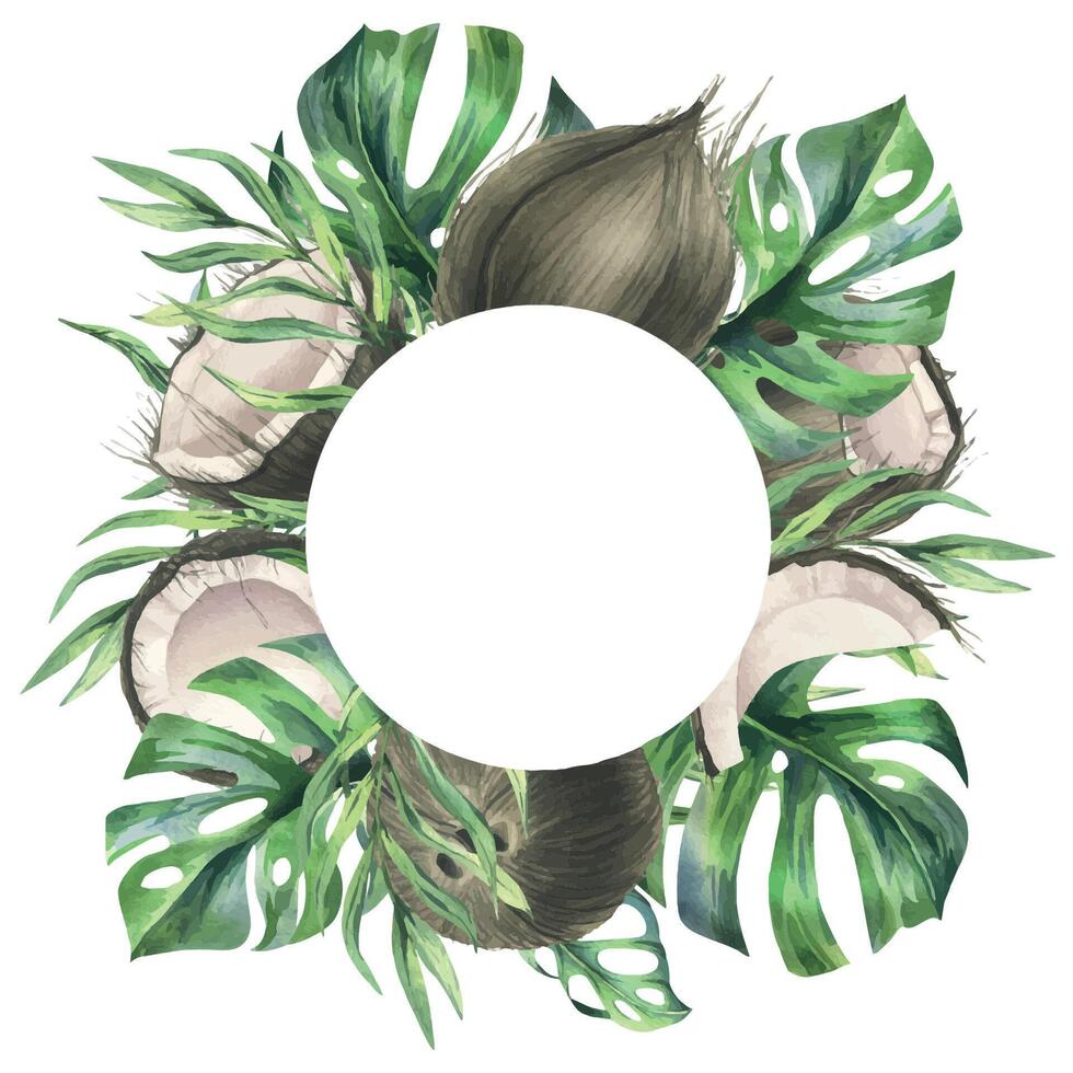 kokosnötter hela, halvor och bitar med ljus, grön, tropisk handflatan löv. hand dragen vattenfärg illustration. krans, ram, mall isolerat från de bakgrund vektor