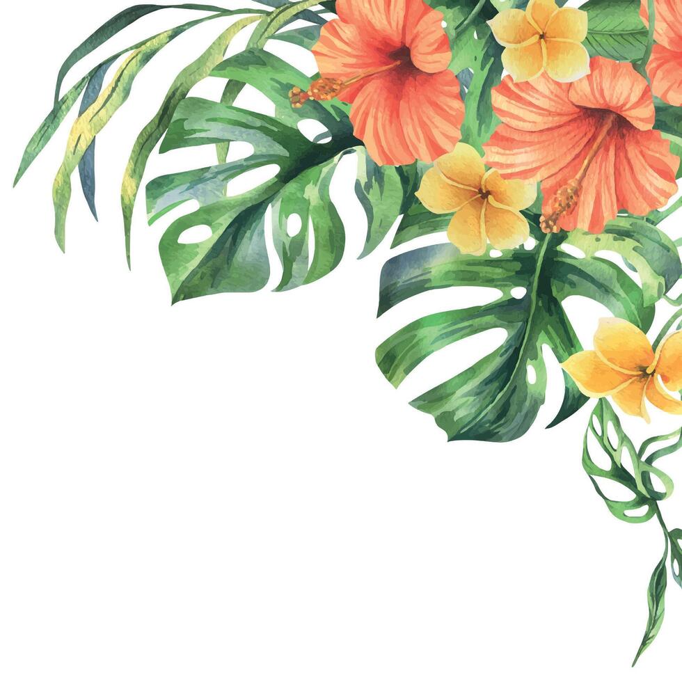 tropisch Palme Blätter, Monstera und Blumen von Plumeria, Hibiskus, hell saftig. Hand gezeichnet Aquarell botanisch Illustration. Vorlage, Rahmen isoliert von das Hintergrund. vektor