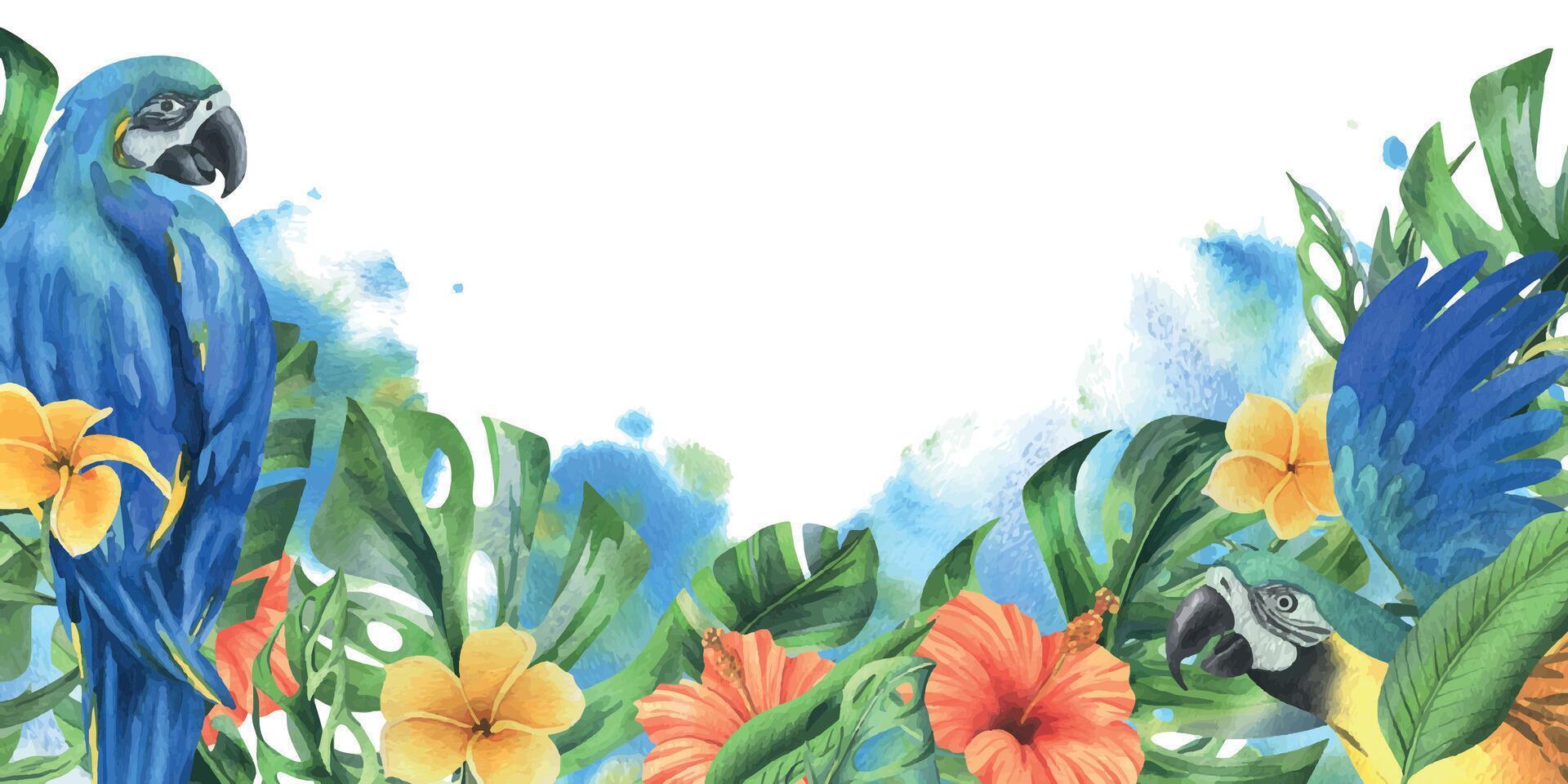 tropisk handflatan löv, monstera och blommor av plumeria, hibiskus, ljus saftig med blå-gul ara papegoja. hand dragen vattenfärg botanisk illustration. mall ram isolerat från de bakgrund vektor