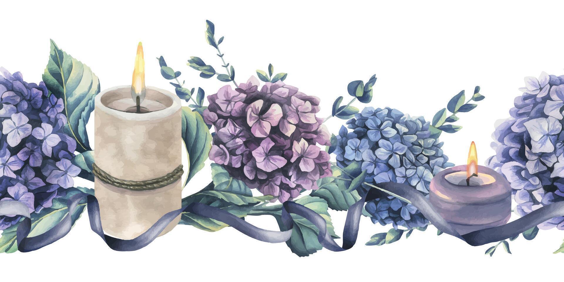 romantisk ljus med blå band med hortensia blommor och eukalyptus grenar. hand dragen vattenfärg illustration. sömlös gräns isolerat från de bakgrund vektor eps