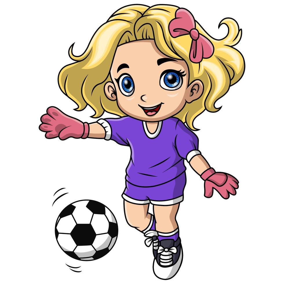 süß wenig Mädchen Karikatur spielen Fußball vektor