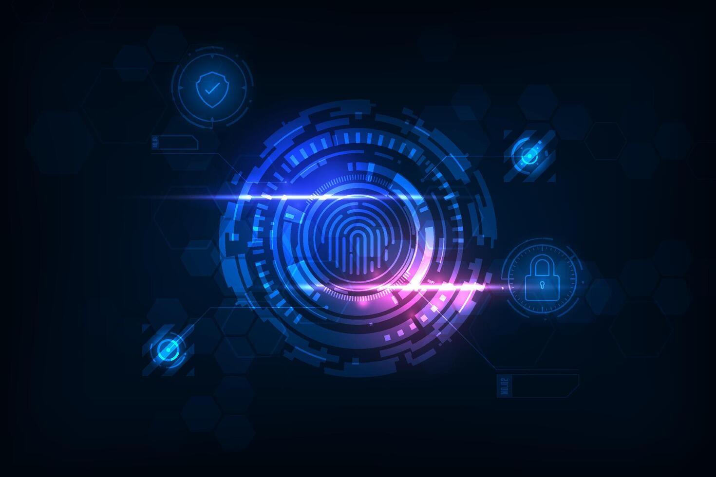 Vektor futuristisch Fingerabdruck Sicherheit System Konzept. Linie Symbol Fingerabdruck mit Technik Kreis auf Blau Hintergrund.