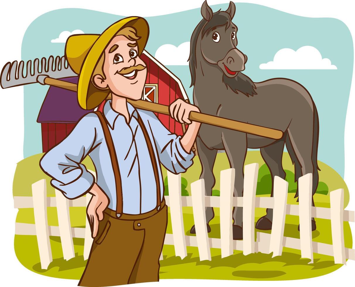 Vektor Illustration von ein Farmer mit ein Rechen im Vorderseite von ein Bauernhof Haus