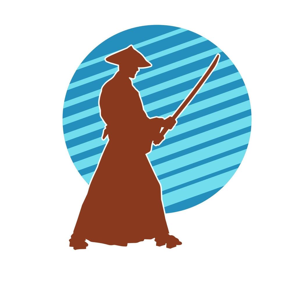 silhuett av en manlig kämpe i krigisk konst kostym bärande samuraj svärd vapen. vektor
