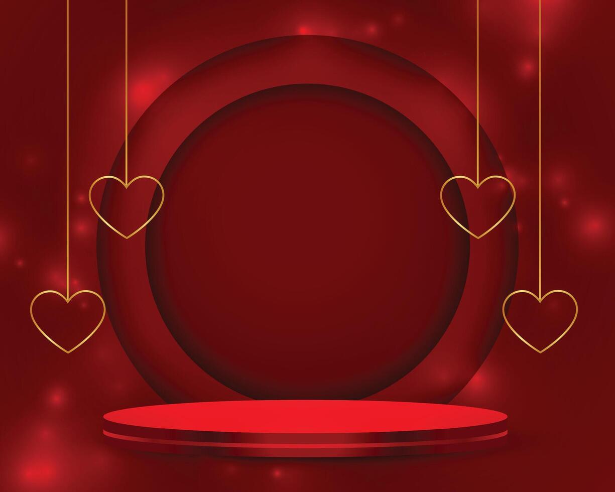 Valentinstag Tag glänzend Hintergrund mit 3d Podium und golden Herzen vektor